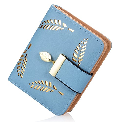 Damen Süß Leder Geldbörse, TMEOG Damen Blatt Bifold Brieftasche Leder Hollow Card Holder Geldbörse Clutch Handtasche (S_Blau) von TMEOG