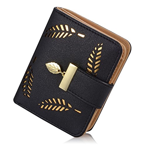 Damen Süß Leder Geldbörse, TMEOG Damen Blatt Bifold Brieftasche Leder Hollow Card Holder Geldbörse Clutch Handtasche (S_Schwarz) von TMEOG