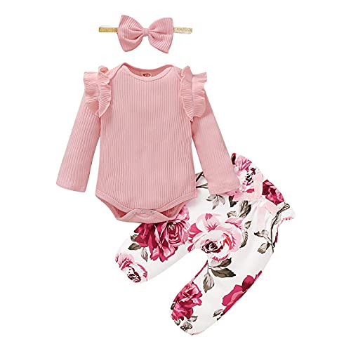 Neugeborenes Baby Mädchen Jungen Warm Hoodie T-Shirt Top + Hose Outfits Kleidung Set Bekleidungsset Kleinkind Outfit Langarm Sweatshirts Pants Lang Babykleidung (12-18 Monate, Rosa(Blumen)) von TMEOG