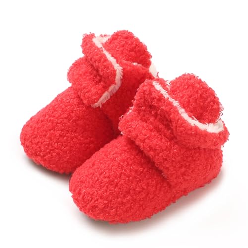 TMEOG Baby Winterschuhe Thermo Babyschuhe Krabbelschuhe Fleece Baby Boots Rutschfest Warme Booties Baby Stiefel Gefütterte Neugeborene Walk Schuhe für Mädchen Jungen(0-6 Monate,Rot) von TMEOG