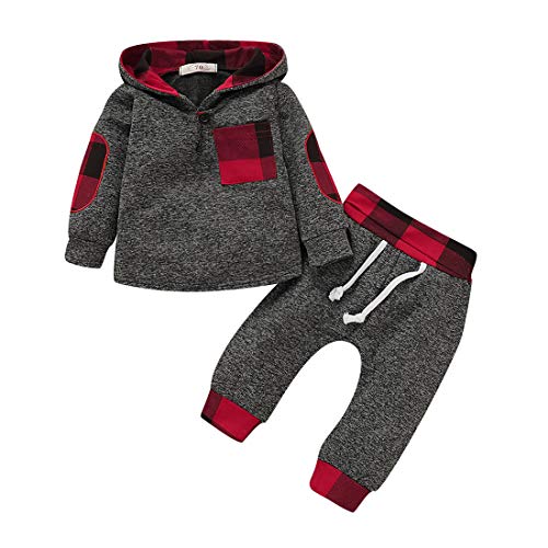 TMEOG Babykleidung Sets Säugling Kleinkind Jungen Mädchen Sweatshirt Set Winter Herbst Kleidung Outfit 0-3 Jahre alt, Baby Plaid Kapuze Langarm Tops + Hosen (Rot, 0-6 Monate) von TMEOG