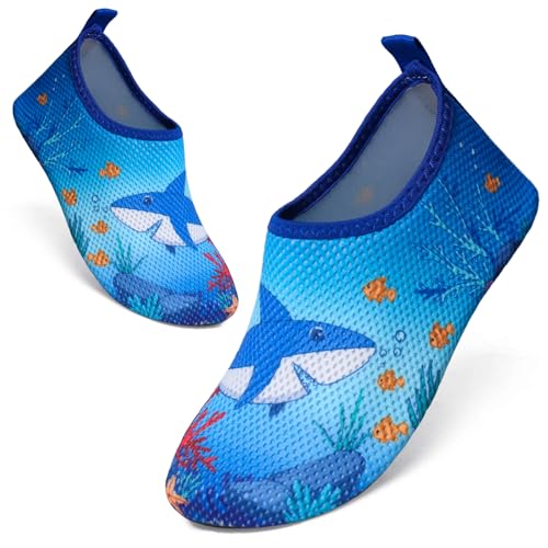 TMEOG Badeschuhe Kinder Wasserschuhe Schwimmschuhe Kleinkind Strandschuhe Aquaschuhe rutschfeste Wattschuhe Meerschuhe Barfussschuhe für Jungen Mädchen(24/25 EU,Hai) von TMEOG