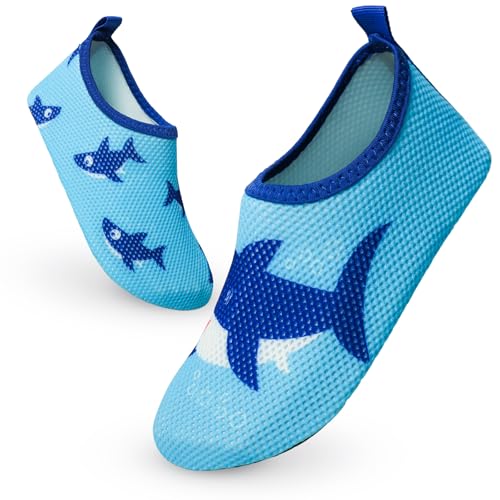 TMEOG Badeschuhe Kinder Wasserschuhe Schwimmschuhe Kleinkind Strandschuhe Aquaschuhe Rutschfeste Wattschuhe Meerschuhe Barfussschuhe für Jungen Mädchen(32/33 EU,Hai-Blau) von TMEOG