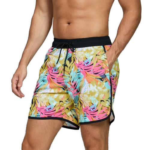 TMEOG Badeshorts Herren Badehose Männer Schwimmshorts Retro Bademode Surf Sport Shorts Kurz Strandshorts Kordelzug Trainingsshorts mit Reißverschlusstasche und Netz(Bunte Blätter,XXL) von TMEOG