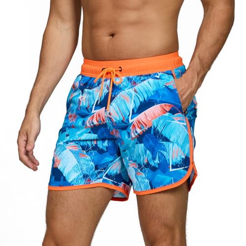 TMEOG Badeshorts Herren Badehose Männer Schwimmshorts Retro Bademode Surf Sport Shorts Kurz Strandshorts Kordelzug Trainingsshorts mit Reißverschlusstasche und Netz(Dunkelblaue Bananenblätter,L) von TMEOG