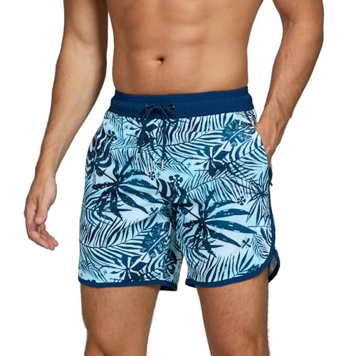 TMEOG Badeshorts Herren Badehose Männer Schwimmshorts Retro Bademode Surf Sport Shorts Kurz Strandshorts Kordelzug Trainingsshorts mit Reißverschlusstasche und Netz(Dunkelblaue Palmenblätter,L) von TMEOG
