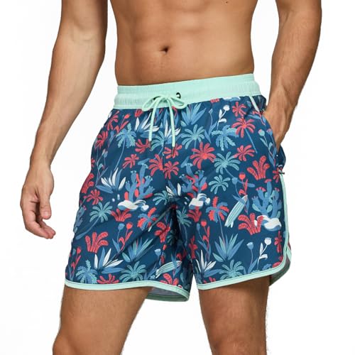 TMEOG Badeshorts Herren Badehose Männer Schwimmshorts Retro Bademode Surf Sport Shorts Kurz Strandshorts Kordelzug Trainingsshorts mit Reißverschlusstasche und Netz(Dunkelblaues Korallenmotiv,L) von TMEOG