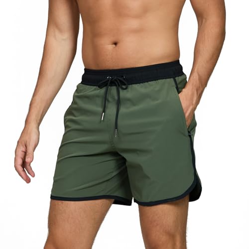 TMEOG Badeshorts Herren Badehose Männer Schwimmshorts Retro Bademode Surf Sport Shorts Kurz Strandshorts Kordelzug Trainingsshorts mit Reißverschlusstasche und Netz(Grün,L) von TMEOG