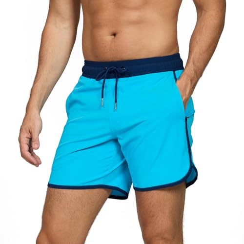 TMEOG Badeshorts Herren Badehose Männer Schwimmshorts Retro Bademode Surf Sport Shorts Kurz Strandshorts Kordelzug Trainingsshorts mit Reißverschlusstasche und Netz(Himmelblau,S) von TMEOG