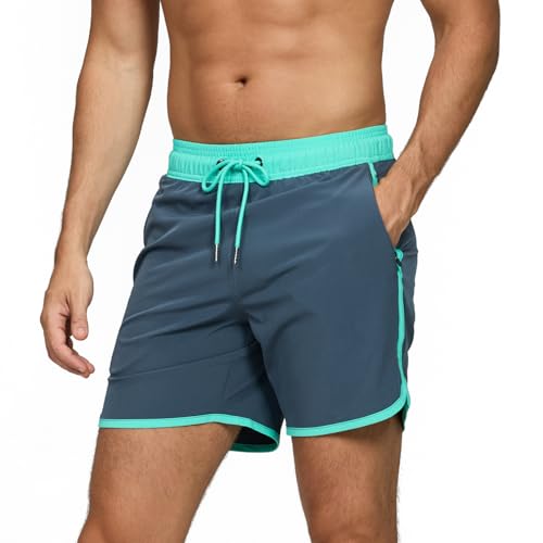 TMEOG Badeshorts Herren Badehose Männer Schwimmshorts Retro Bademode Surf Sport Shorts Kurz Strandshorts Kordelzug Trainingsshorts mit Reißverschlusstasche und Netz(Grau,M) von TMEOG