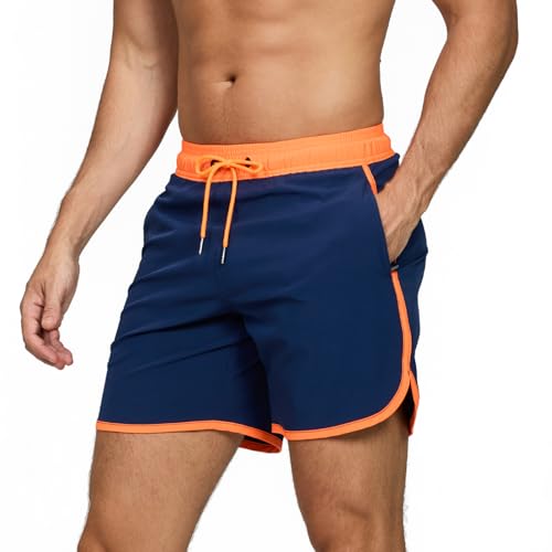 TMEOG Badeshorts Herren Badehose Männer Schwimmshorts Retro Bademode Surf Sport Shorts Kurz Strandshorts Kordelzug Trainingsshorts mit Reißverschlusstasche und Netz(Orange Dunkelblau,M) von TMEOG