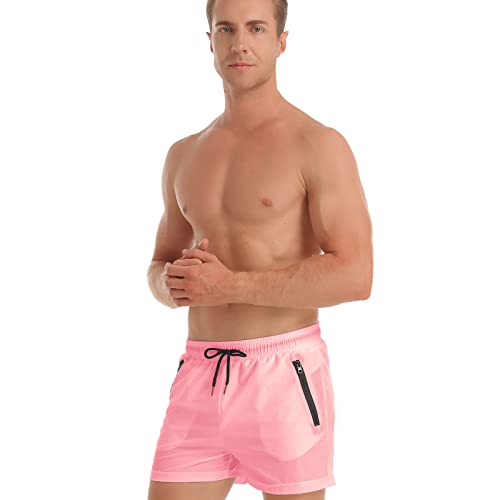 TMEOG Badeshorts für Herren, Badehosen Kurz Badehose Männer Schwimmhose Boxer Badepants Wassersport Kurze Hose Schnelltrocknend Schwimmshorts mit Reissverschluss(Rosa) von TMEOG