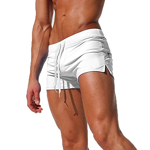 TMEOG Badeshorts für Herren Badehose Kurz Badehosen Männer Eng Schwimmhose Boxer Badepants Wassersport Kurze Hose Schnelltrocknende Strandshorts mit Reissverschluss (EU M/Tag L, Weiß) von TMEOG