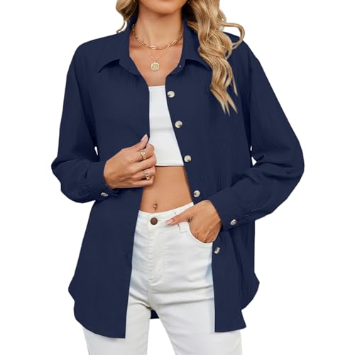 TMEOG Hemdbluse Damen Hemd Langes Blusen Hemdjacke Langarm Overshirt Musselin Bluse mit Kargen, Lässig Oberteile Herbst Blusenshirt Oversize Longbluse Langarmshirt für Damen(Navy,XXL) von TMEOG