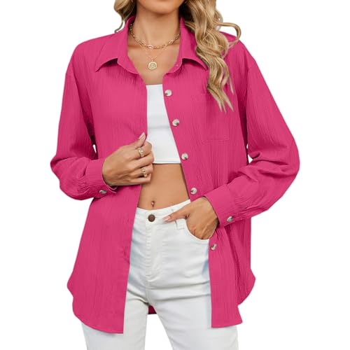 TMEOG Hemdbluse Damen Hemd Langes Blusen Hemdjacke Langarm Overshirt Musselin Bluse mit Kargen, Lässig Oberteile Herbst Blusenshirt Oversize Longbluse Langarmshirt für Damen(Rot,L) von TMEOG