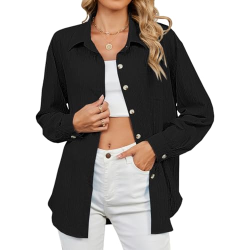 TMEOG Hemdbluse Damen Hemd Langes Blusen Hemdjacke Langarm Overshirt Musselin Bluse mit Kargen, Lässig Oberteile Herbst Blusenshirt Oversize Longbluse Langarmshirt für Damen(Schwarz,XL) von TMEOG