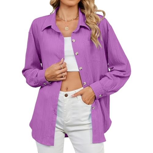 TMEOG Hemdbluse Damen Hemd Langes Blusen Hemdjacke Langarm Overshirt Musselin Bluse mit Kargen, Lässig Oberteile Herbst Blusenshirt Oversize Longbluse Langarmshirt für Damen(Violett,XXL) von TMEOG
