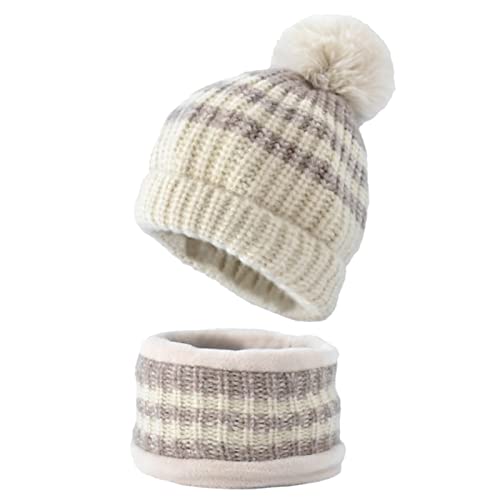 TMEOG Wintermütze Kinder Mütze Schal Set Beanie Kleinkind Loop Schal mit Fleece Gefütterte Warme Kindermütze Schlauchschal Strickmütze für Jungen Mädchen(6-14Jahre,Beige) von TMEOG