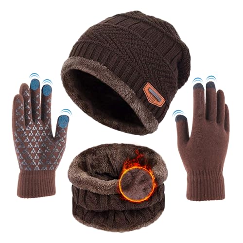 TMEOG Mütze Herren Damen Wintermütze Schal Touchscreen Handschuh Set, Beanie Strickmütze Winter Loop Schal mit Fleecefutter Warmemütze Schlauchschal Handschuhe für Herren Damen, Kaffeebraun von TMEOG