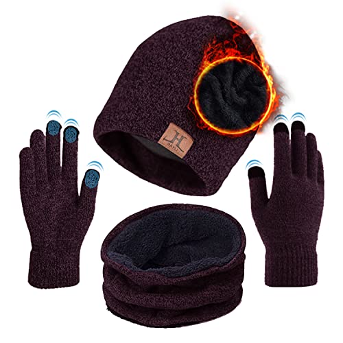 TMEOG Mütze Herren Damen Wintermütze Schal Touchscreen Handschuh Set, Beanie Strickmütze Winter Loop Schal mit Fleecefutter Warmemütze Schlauchschal Handschuhe für Herren Damen, Weinrt von TMEOG