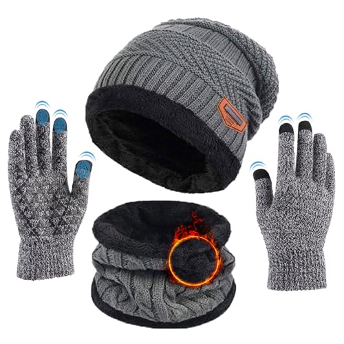 TMEOG Mütze Herren Damen Wintermütze Schal Touchscreen Handschuh Set, Beanie Strickmütze Winter Loop Schal mit Fleecefutter Warmemütze Schlauchschal Handschuhe für Herren Damen, Grau von TMEOG