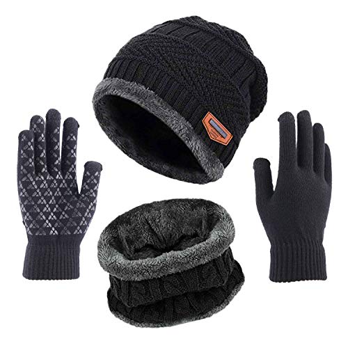 TMEOG Mütze Herren Damen Wintermütze Schal Touchscreen Handschuh Set, Beanie Strickmütze Winter Loop Schal mit Fleecefutter Warmemütze Schlauchschal Handschuhe für Herren Damen, Schwarz von TMEOG