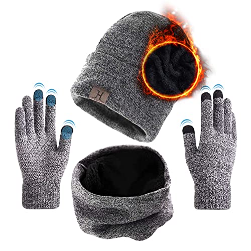 TMEOG Mütze Herren Damen Wintermütze Schal Touchscreen Handschuh Set, Beanie Strickmütze Winter Loop Schal mit Fleecefutter Warmemütze Schlauchschal Handschuhe für Herren Damen, MGrau von TMEOG