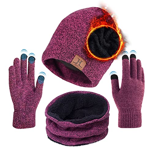 TMEOG Mütze Herren Damen Wintermütze Schal Touchscreen Handschuh Set, Beanie Strickmütze Winter Loop Schal mit Fleecefutter Warmemütze Schlauchschal Handschuhe für Herren Damen, Rosrot von TMEOG