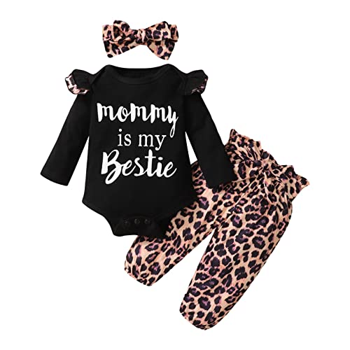 TMEOG Babykleidung Mädchen Set Neugeborenes Bekleidungsset Hoodie Sweatshirts Top Pants Baby Mädchen Stirnband Kleinkind Baby Outfits Jogginganzug 12-18 Monate (Schwarz+Leopard) von TMEOG