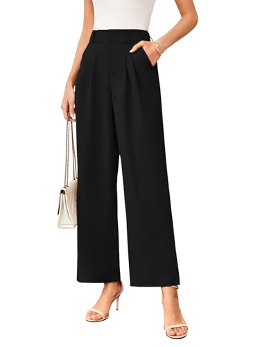TMEOG Stoffhose Damen Sommer Weite Hose Elegant Marlene Palazzo Hose Lockere Gerade Geschnittene Hose Weites Bein Chino Anzughose mit Gummibund Wide Leg Business Bundfaltenhose für Damen(Schwarz,XXL) von TMEOG