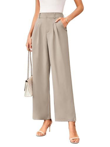 TMEOG Stoffhose Damen Sommer Weite Hose Elegant Marlene Palazzo Hose Lockere Gerade Geschnittene Hose Weites Bein Chino Anzughose mit Gummibund Wide Leg Business Bundfaltenhose für Damen(Beige,L) von TMEOG