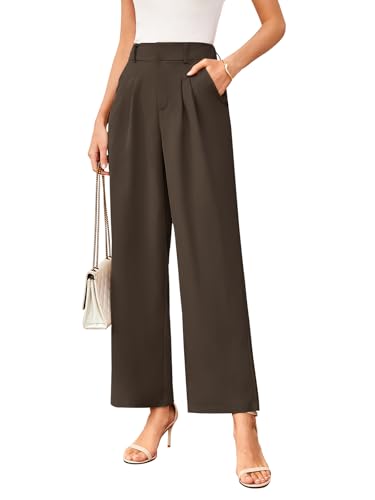 TMEOG Stoffhose Damen Sommer Weite Hose Elegant Marlene Palazzo Hose Lockere Gerade Geschnittene Hose Weites Bein Chino Anzughose mit Gummibund Wide Leg Business Bundfaltenhose für Damen(Braun,S) von TMEOG