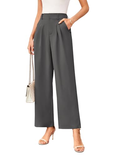 TMEOG Stoffhose Damen Sommer Weite Hose Elegant Marlene Palazzo Hose Lockere Gerade Geschnittene Hose Weites Bein Chino Anzughose mit Gummibund Wide Leg Business Bundfaltenhose für Damen(Grau,L) von TMEOG