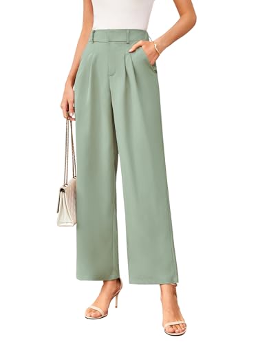 TMEOG Stoffhose Damen Sommer Weite Hose Elegant Marlene Palazzo Hose Lockere Gerade Geschnittene Hose Weites Bein Chino Anzughose mit Gummibund Wide Leg Business Bundfaltenhose für Damen(Grün,XL) von TMEOG