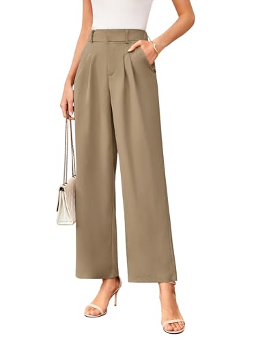 TMEOG Stoffhose Damen Sommer Weite Hose Elegant Marlene Palazzo Hose Lockere Gerade Geschnittene Hose Weites Bein Chino Anzughose mit Gummibund Wide Leg Business Bundfaltenhose für Damen(Khaki,XXL) von TMEOG