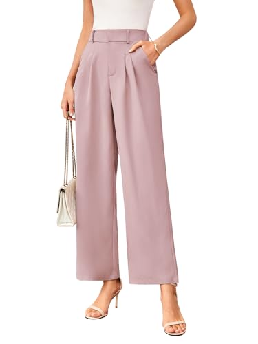 TMEOG Stoffhose Damen Sommer Weite Hose Elegant Marlene Palazzo Hose Lockere Gerade Geschnittene Hose Weites Bein Chino Anzughose mit Gummibund Wide Leg Business Bundfaltenhose für Damen(Rosa,XXL) von TMEOG