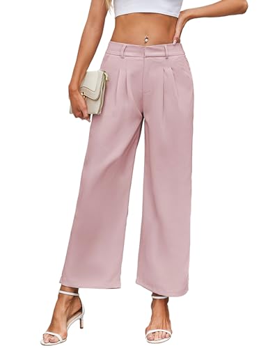 TMEOG Stoffhose Damen Sommer Weite Hose Lockere Marlene Palazzo Hose Elegant Gerade Geschnittene Hose Weites Bein Chino Anzughose mit Gummibund Wide Leg Business Bundfaltenhose für Damen(Rosa,XXL) von TMEOG