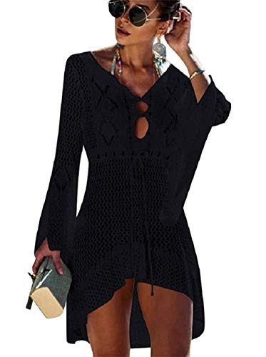TMEOG Strandkleider Damen Kurze Kleid Badeanzug Bikini Spitze Crochet Cover Up (Medium, C - Schwarz) von TMEOG