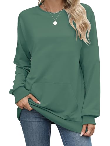 TMEOG Sweatshirt Damen Ohne Kapuze Rundhals Langarmshirt Pullover Lässig Niedlich Oberteile Herbst (Grüner M) von TMEOG