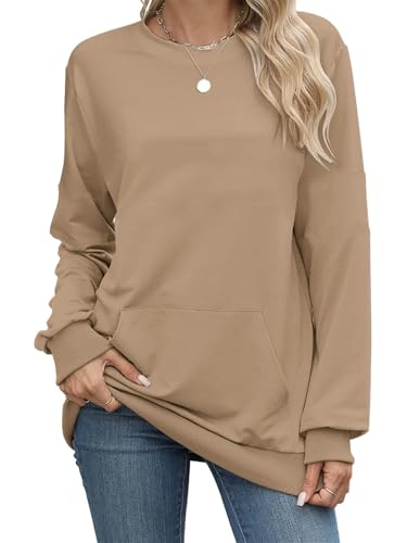 TMEOG Sweatshirt Damen Ohne Kapuze Rundhals Langarmshirt Pullover Lässig Niedlich Oberteile Herbst (Khaki XXL) von TMEOG