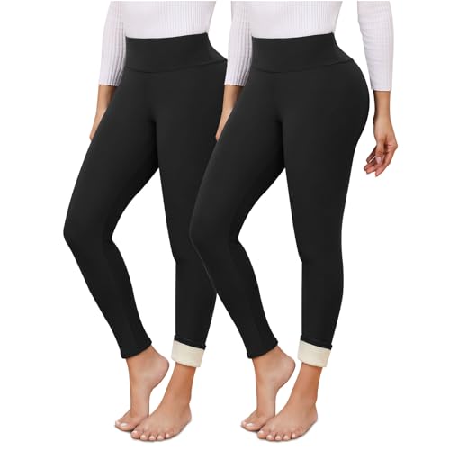 TMEOG Thermo Leggings Damen Gefüttert Thermoleggins Fleece Leggins Winter Thermohose High Waist Leggings Warme Laufhose Sporthose Yogahose mit Teddyfutter Thermounterwäsche Damen(2er Pack-Schwarz,M) von TMEOG