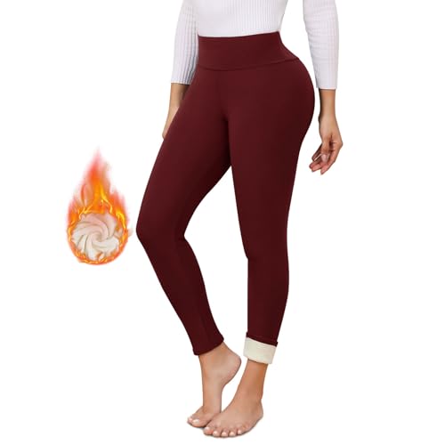 TMEOG Thermo Leggings Damen Gefüttert Thermoleggins Fleece Leggins Winter Thermohose High Waist Leggings Warme Laufhose Sporthose Yogahose mit Teddyfutter Thermounterwäsche Damen(Rot,M) von TMEOG