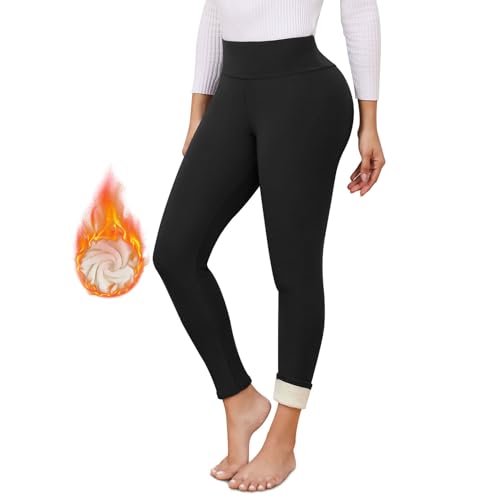 TMEOG Thermo Leggings Damen Gefüttert Thermoleggins Fleece Leggins Winter Thermohose High Waist Leggings Warme Laufhose Sporthose Yogahose mit Teddyfutter Thermounterwäsche Damen(Schwarz,L) von TMEOG