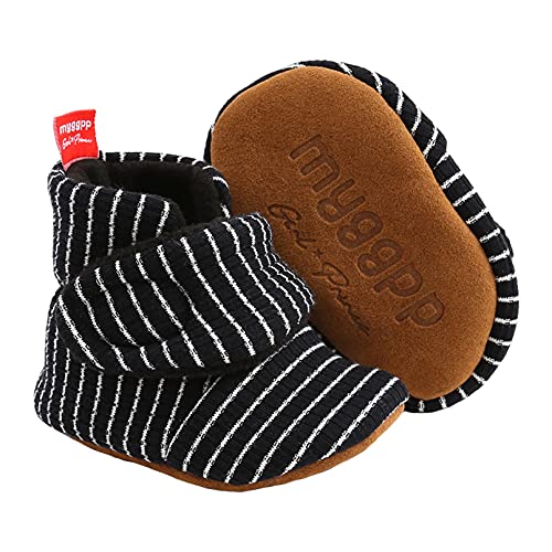 TMEOG Unisex-Baby Neugeborenes Fleece Booties Bio Baumwoll-Futter und Rutschfeste Greifer Winterschuhe (M_Schwarze Streifen, 0_months) von TMEOG