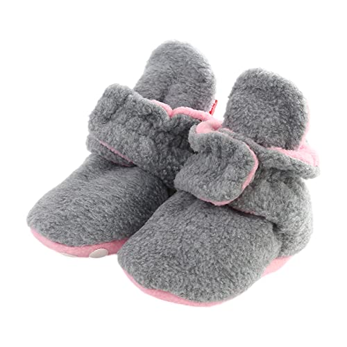 TMEOG Unisex-Baby Neugeborenes Fleece Booties Bio Baumwoll-Futter und rutschfeste Greifer Winterschuhe (0-6 Monate, A_Grau/Pink) von TMEOG