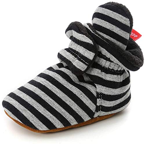 TMEOG Unisex-Baby Neugeborenes Fleece Booties Bio Baumwoll-Futter und rutschfeste Greifer Winterschuhe (0-6 Monate, B_Schwarz/Grau) von TMEOG