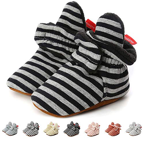 TMEOG Unisex-Baby Neugeborenes Fleece Booties Bio Baumwoll-Futter und rutschfeste Greifer Winterschuhe (12-18 Monate, B_Schwarz/Grau) von TMEOG