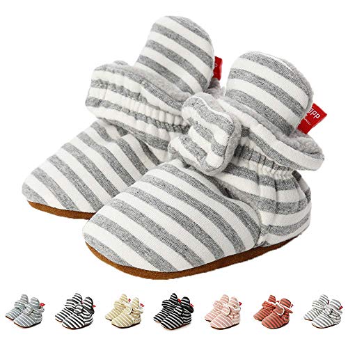 TMEOG Unisex-Baby Neugeborenes Fleece Booties Bio Baumwoll-Futter und rutschfeste Greifer Winterschuhe (12-18 Monate, B_Weiß/Grau) von TMEOG