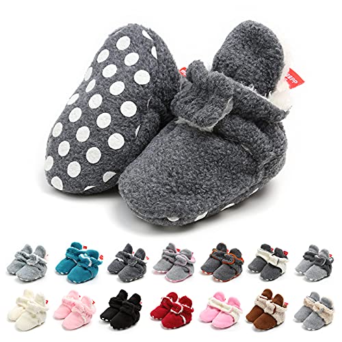 TMEOG Unisex-Baby Neugeborenes Fleece Booties Bio Baumwoll-Futter und rutschfeste Greifer Winterschuhe (6-12 Monate, A_Grau) von TMEOG