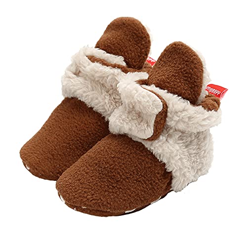 TMEOG Unisex-Baby Neugeborenes Fleece Booties Bio Baumwoll-Futter und rutschfeste Greifer Winterschuhe (A_Braun, 12_Months) von TMEOG
